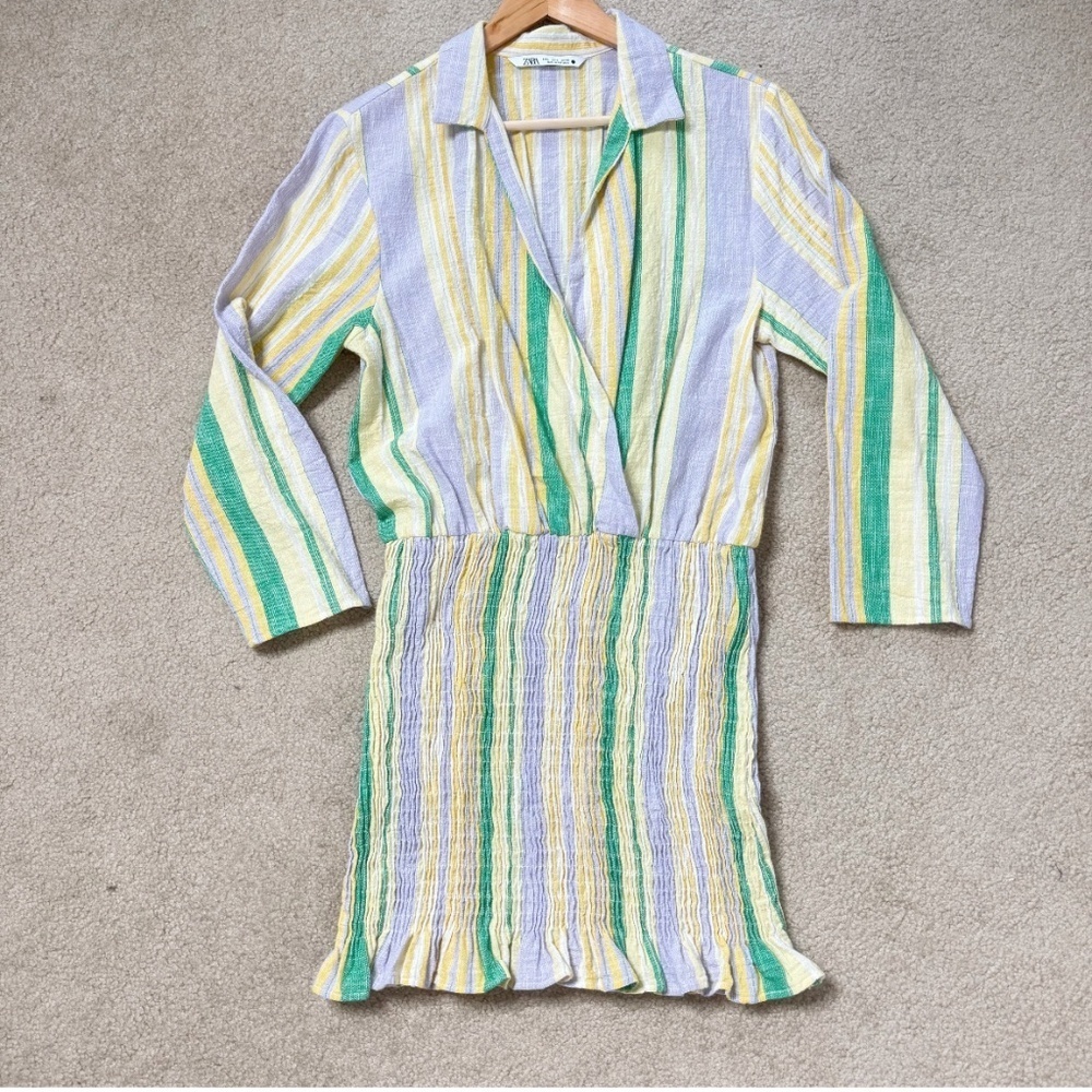 Zara Mini Dress Shirred Skirt Pastel Stripe Long Sleeve Cotton Mini Dress Large - Picture 14 of 15